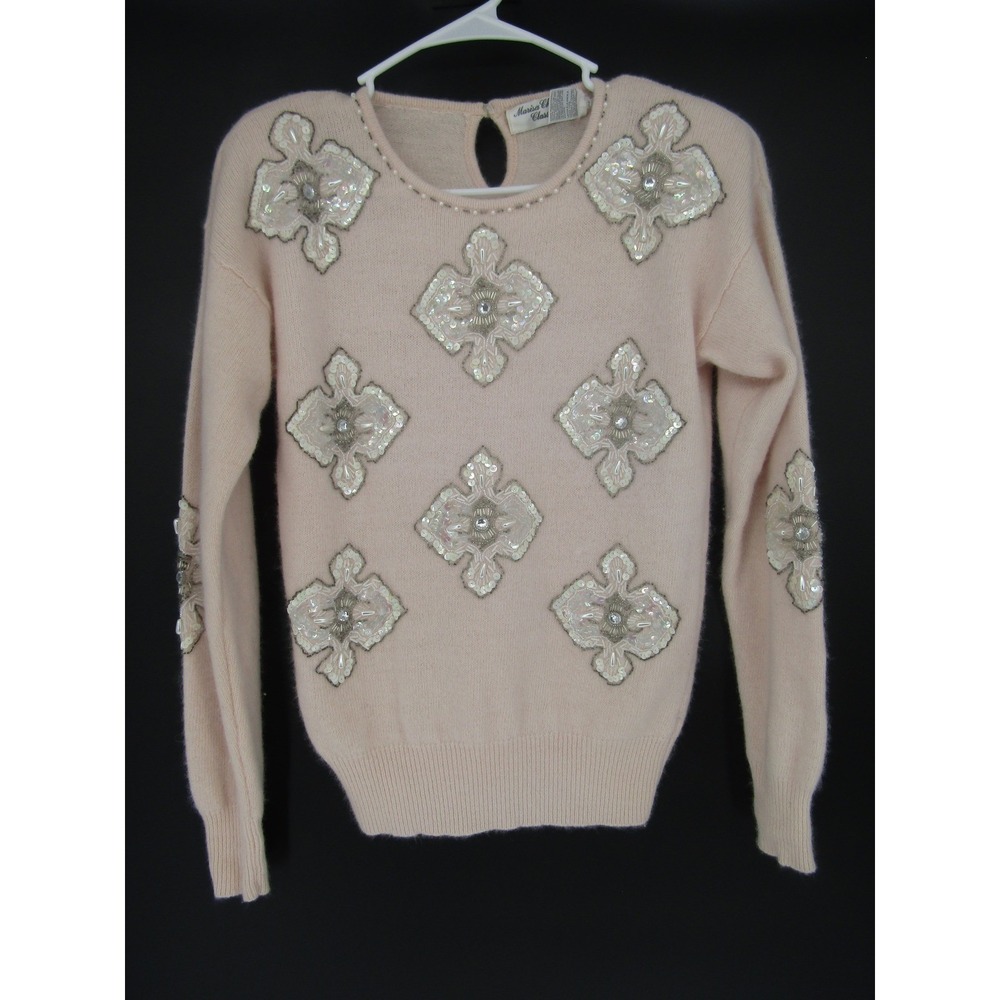 Marisa Christina Classics Sz M Pink Lambswool Angora Beaded Vintage Sequin 90s